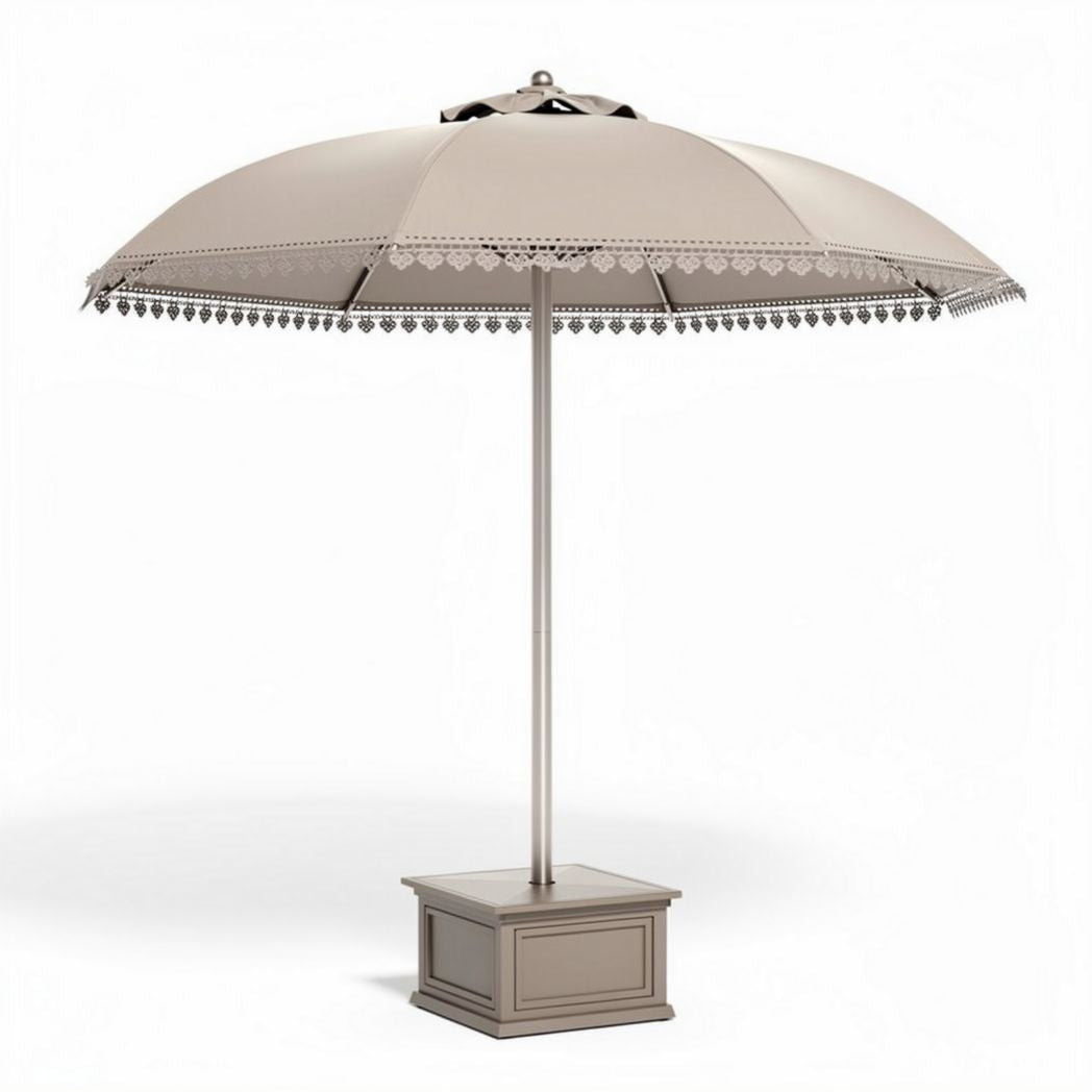 Zandkleurige parasol met metalen steun en kantafwerking 200 x 200 x 250cm