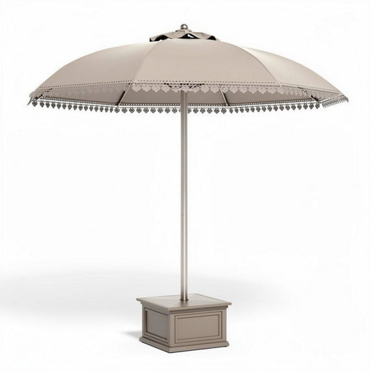 Zandkleurige parasol met metalen steun en kantafwerking 200 x 200 x 250cm