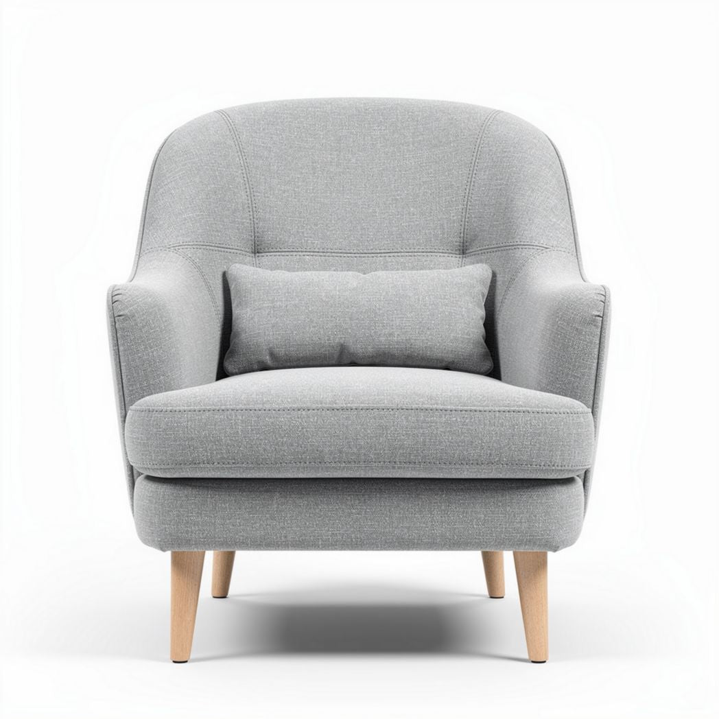 Grijze stoffen fauteuil met houten poten en kussen 80 x 80 x 90cm