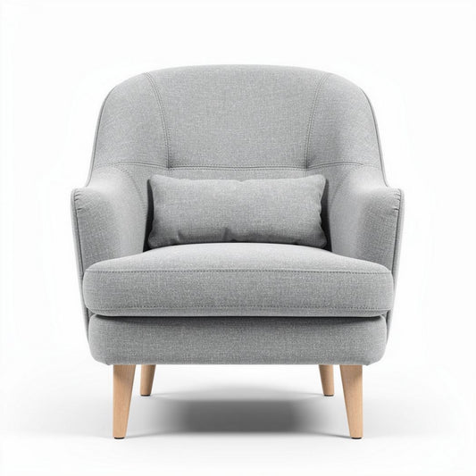 Grijze stoffen fauteuil met houten poten en kussen 80 x 80 x 90cm